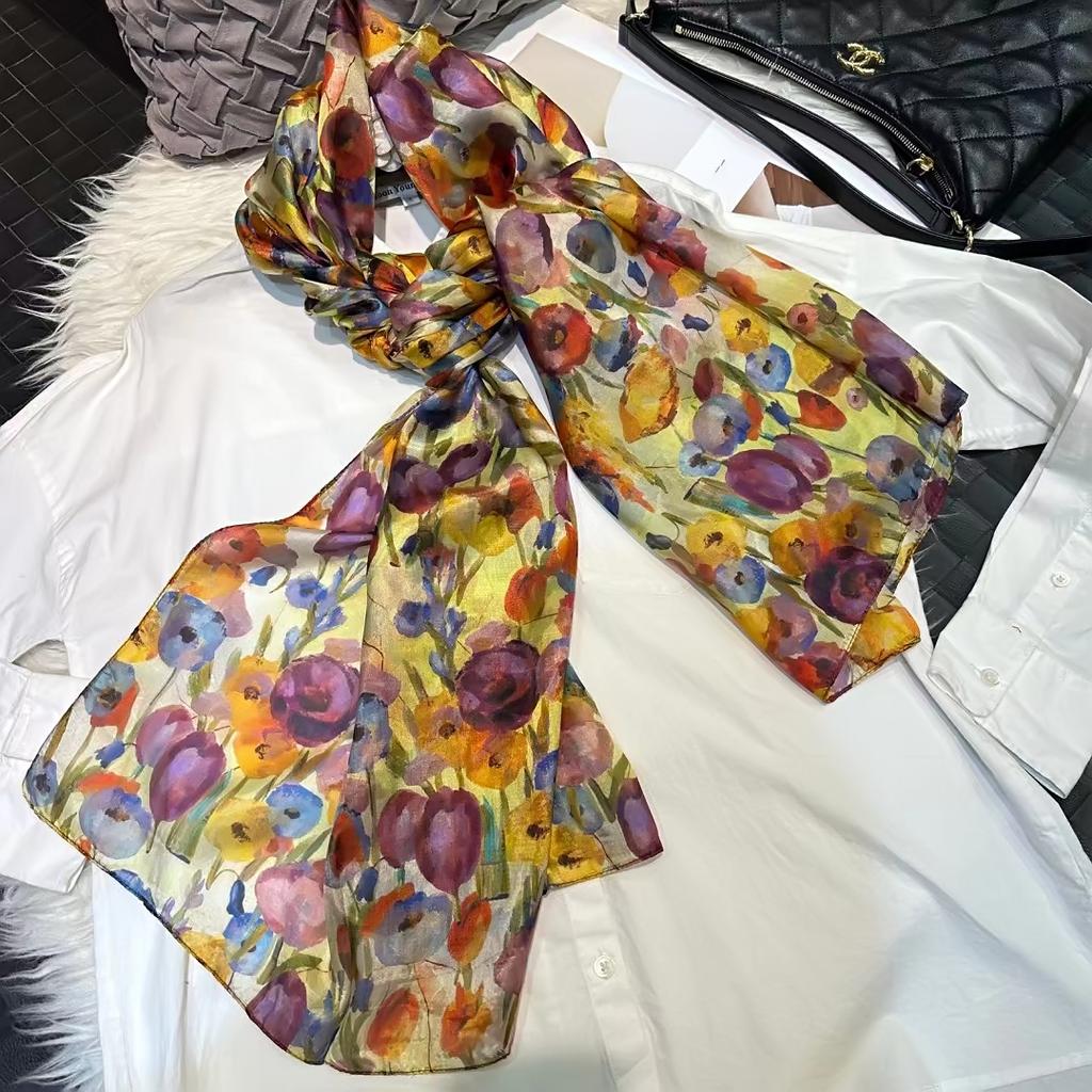 Chinese Rose 100% Silk Scarf Shawl Women Spring Fall Long Scarves Bufanda Summer Beach Shawls Foulard Elegant Winter Blue Scarf