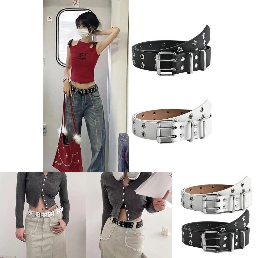 Contemporary Summer Womens Belt With Striking Double Row Star Buckle In Pu Leather
