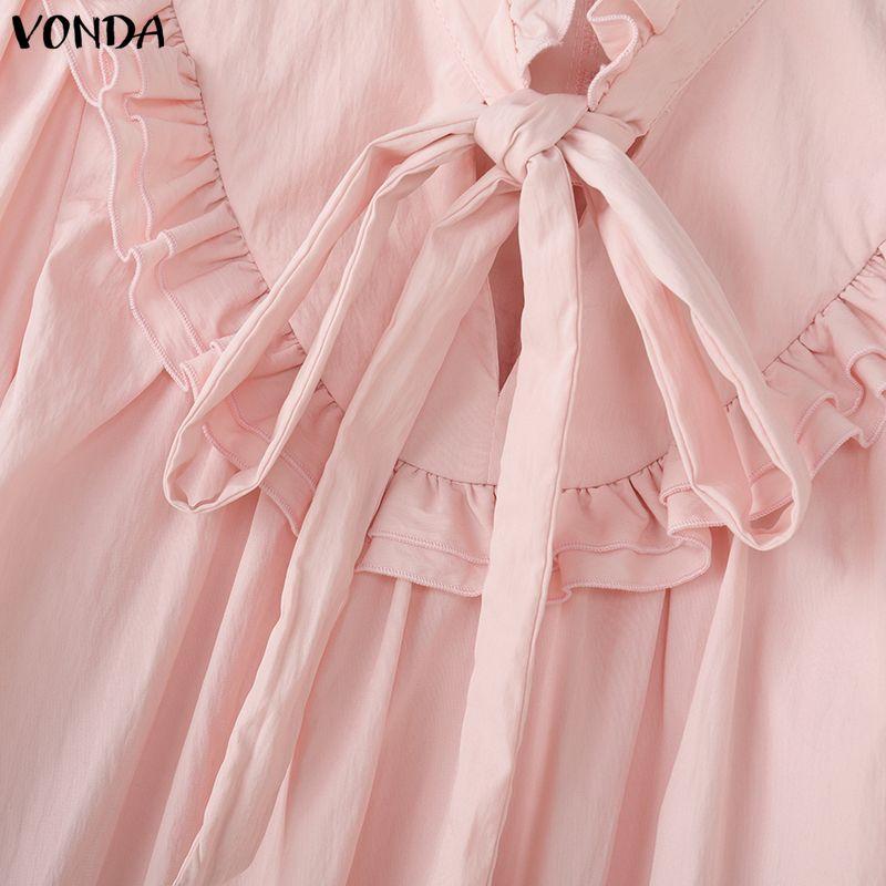 VONDA Elegant Women Bows Tie Ruffled Loose Casual Long Sleeve Blouse