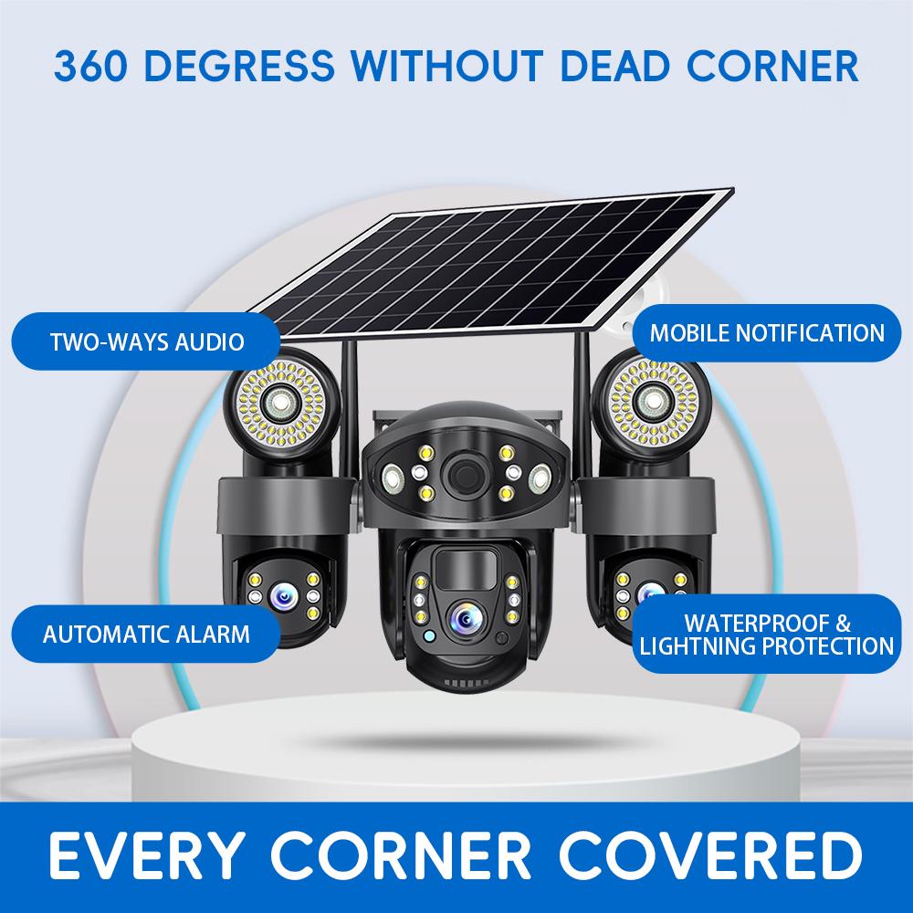 Outdoor Solar Dual-Light Surveillance Camera – 3-Lens 3-View Recorder, HD Night Vision with Lighting