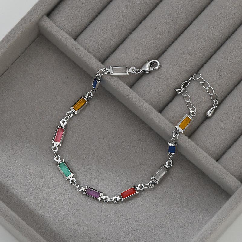 Gold Plated Rainbow Baguette CZ Link Bracelet – Dainty Colorful Jewelry, Sparkle Gift for Women