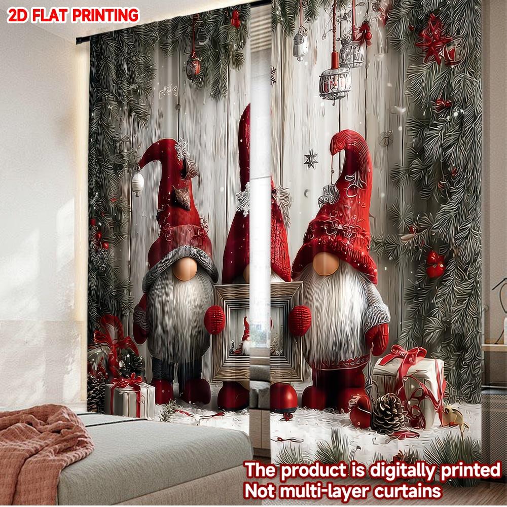 

2D flat printing 2pcs Fashionable Christmas Curtains Christmas Gnomes with Gifts Digital Printed Polyester Drapes Family Party 100*130 Grommet Top 1pcs
