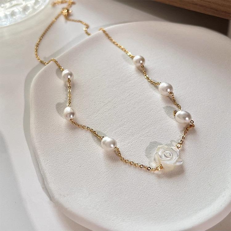 Radiant Rose Pendant Necklace: Titanium Steel, Rice Grain Freshwater Pearls, Mother-of-Pearl Stars, Women's Clavicle Chain