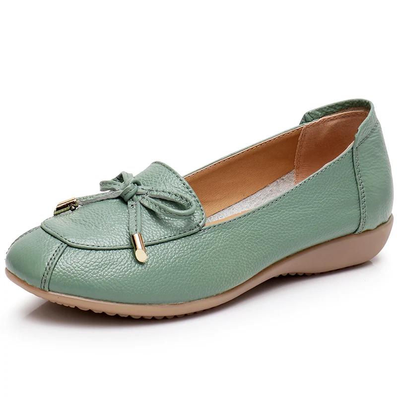 Fashion Women Genuine Leather Shoes Ballet Flats Spring Ladies Flat Low Heel Bowknot Comfy Soft Leather Slip on Shoes for Female Zapatos