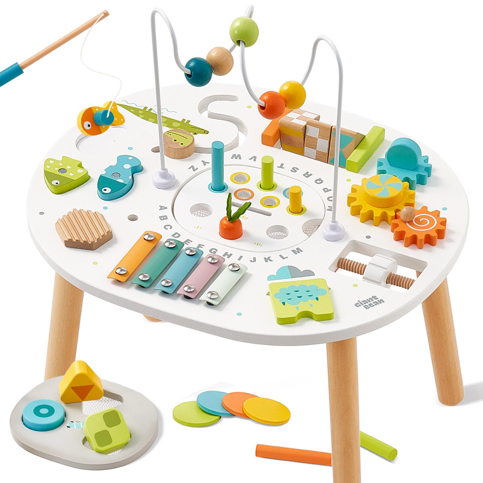 

Wooden Activity Table 11-in-1 Montessori Educational Toy with Bead Maze, Shape Sorting, and Fishing Game - Finger Training Learning Toy - Birthday