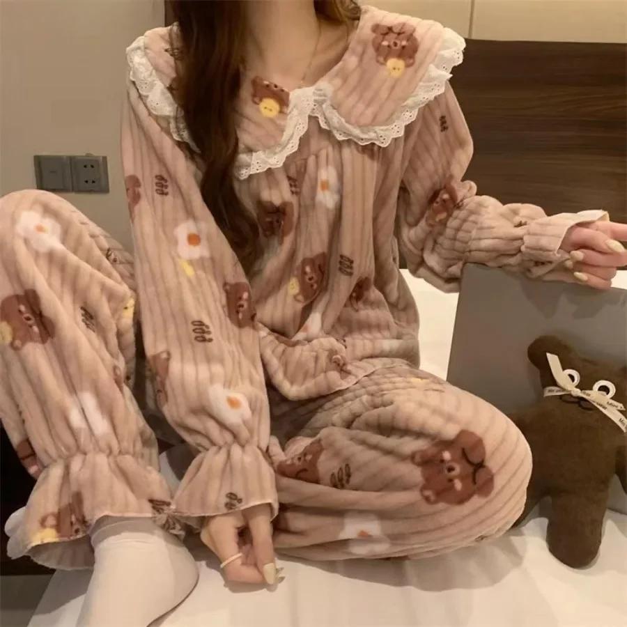 Women's Warm Pajamas Sets Autumn Winter Soft Cute Younger Top and Pants Sets 2pcs Casual Home Wear Sleepwear