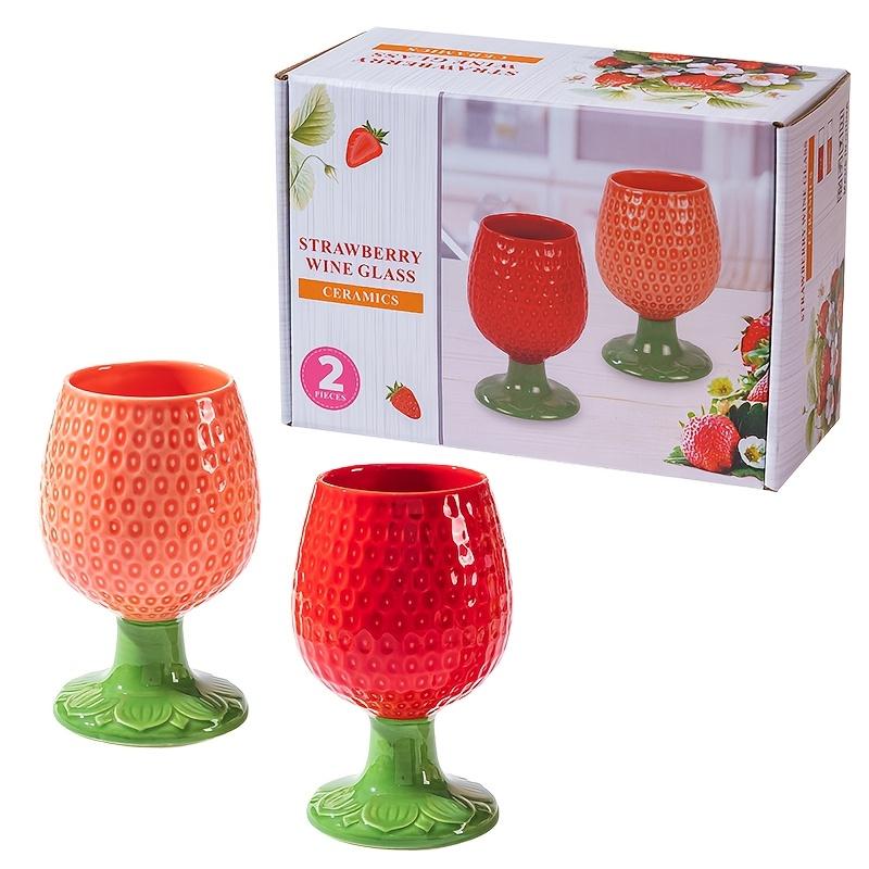 Ceramic Strawberry Embossed Wine Glass Set, Large European Style Stemware for Dining and Milk, Reusable, Insulated , Machine Washable