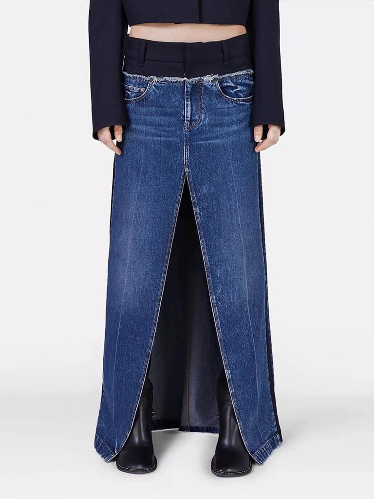 Retro Hong Kong Style Low-Waist Straight Denim Skirt with Front Slit and Contrast Splicing - Women's 2025 Spring Collection