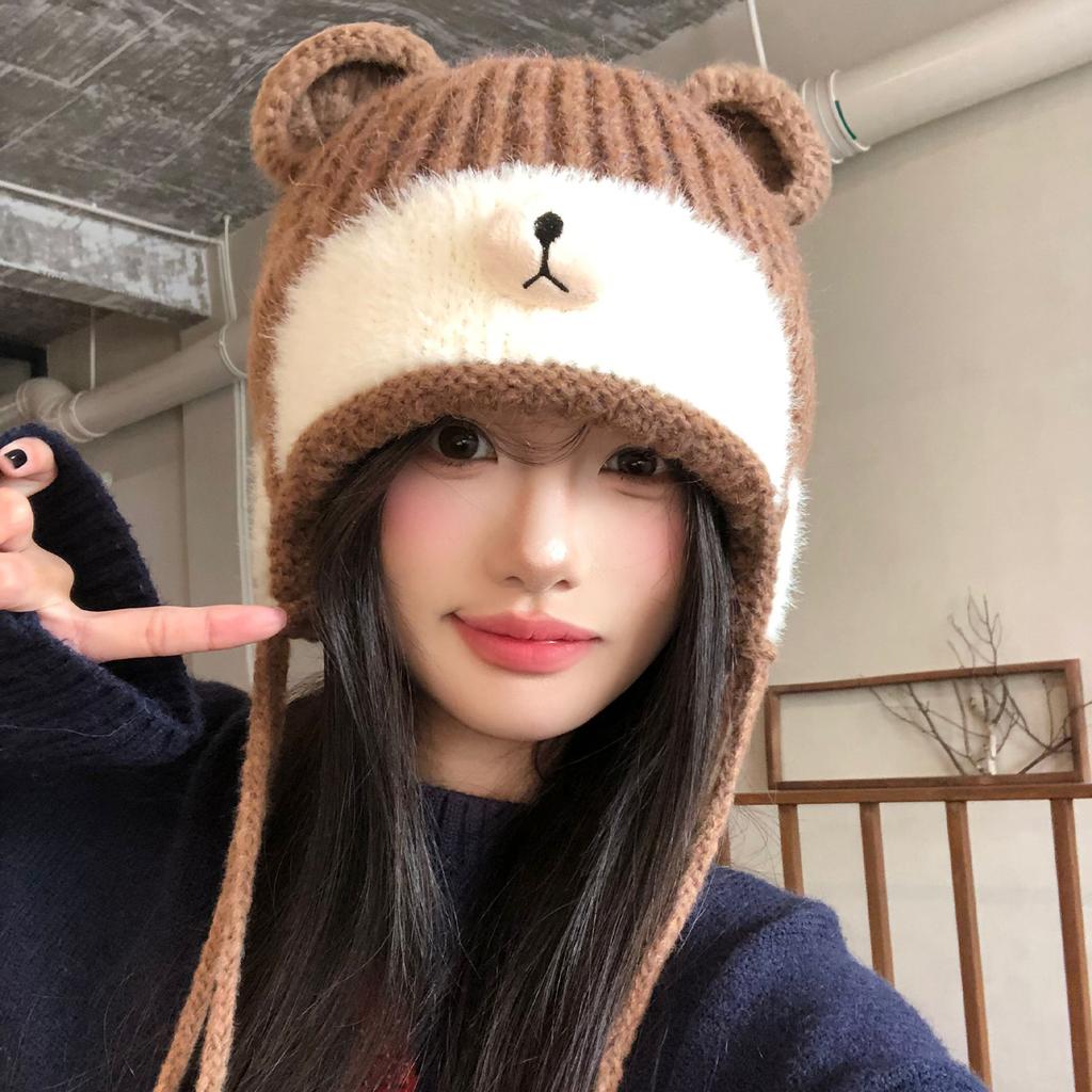 Cute bear ears straps wool hat female warm big head circumference showing face small knitted ear protector Lei Feng hat