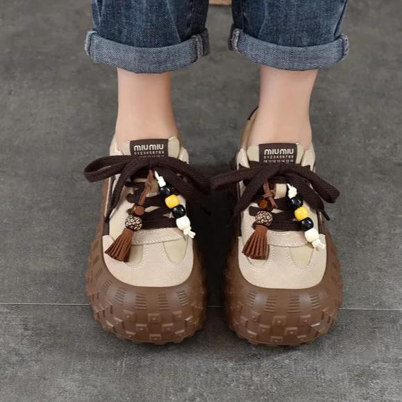 Johnature Genuine Leather Casual Lace Up Shoes Lightweight Thick Soled Height Increasing Women's Platform Shoes