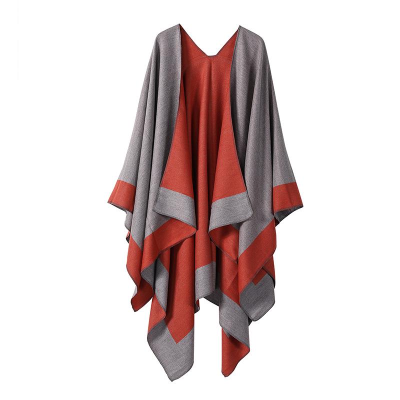 Women's European & American Double-Sided Solid Color Cape Shawl with Striped Edge