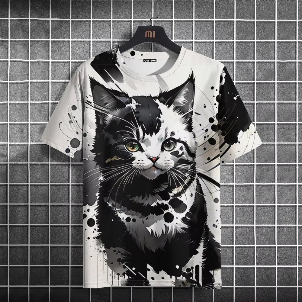 2025 Summer New Men's Cartoon Cute Cat Pattern 3D Printed Short Sleeved Round Neck T-Shirt Casual Quick Drying Neutral Clothing