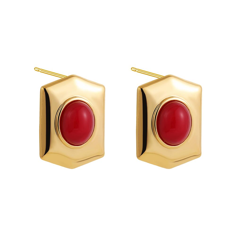 

Ethnic Natural Stone Round Stud Earrings for Women Gold Color Smooth Geometric Earring Stainless Steel Zircon Waterproof