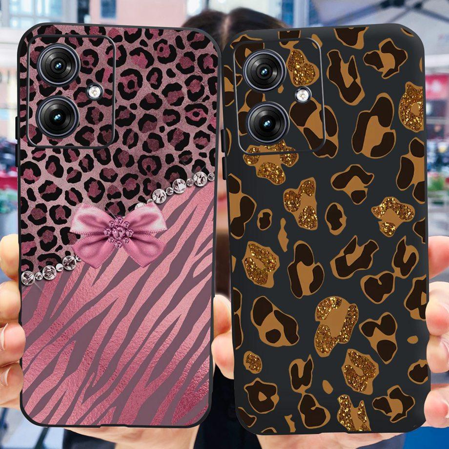 For Motorola Moto G54 5G Case Black Matte Liquid Silicone On Motorola G54 MotoG54 G 54 Soft Cover Leopard Print Coques Fundas