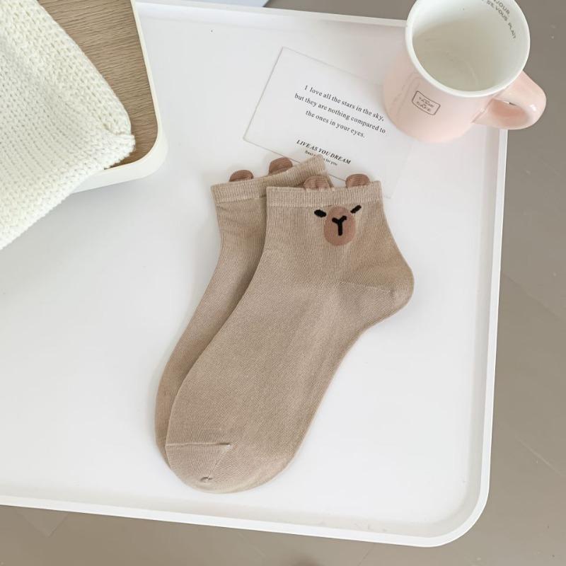 Ladies Spring and Summer Thin Style All with Bear Cartoon Cute Student Low Top Short Boat Socks