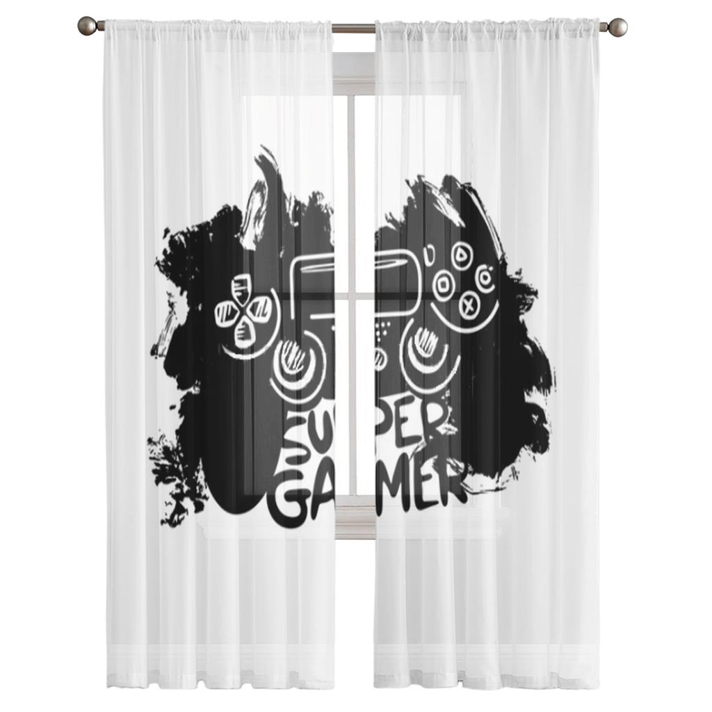Super Gamer Black And White Sheer Curtains for Living Room Transparent Tulle Window Curtain Bedroom Kitchen Decor Veil Drapes