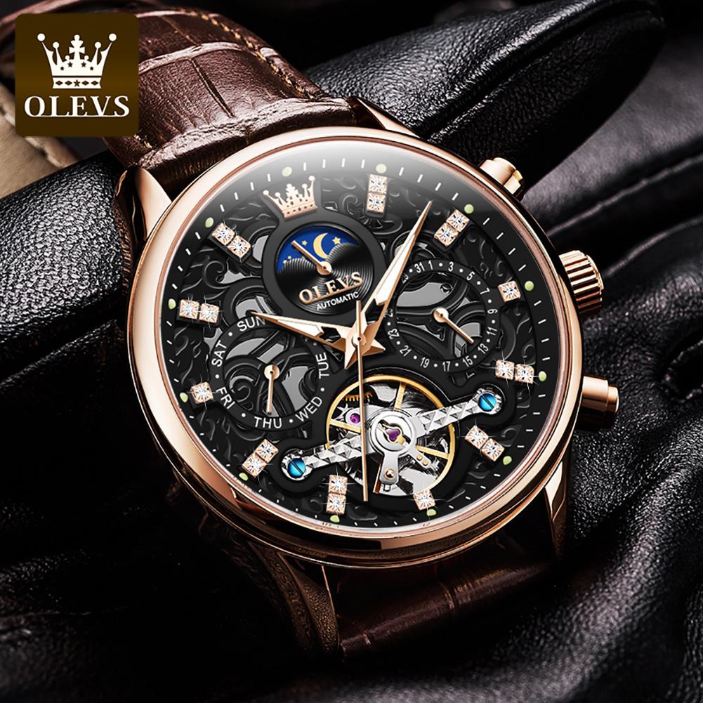 OLEVS 6658 Mens Watch Business Leather Strap Reloj Hollow out Mechanical Automatic Wristwatch Waterproof Luminous Watch For Man