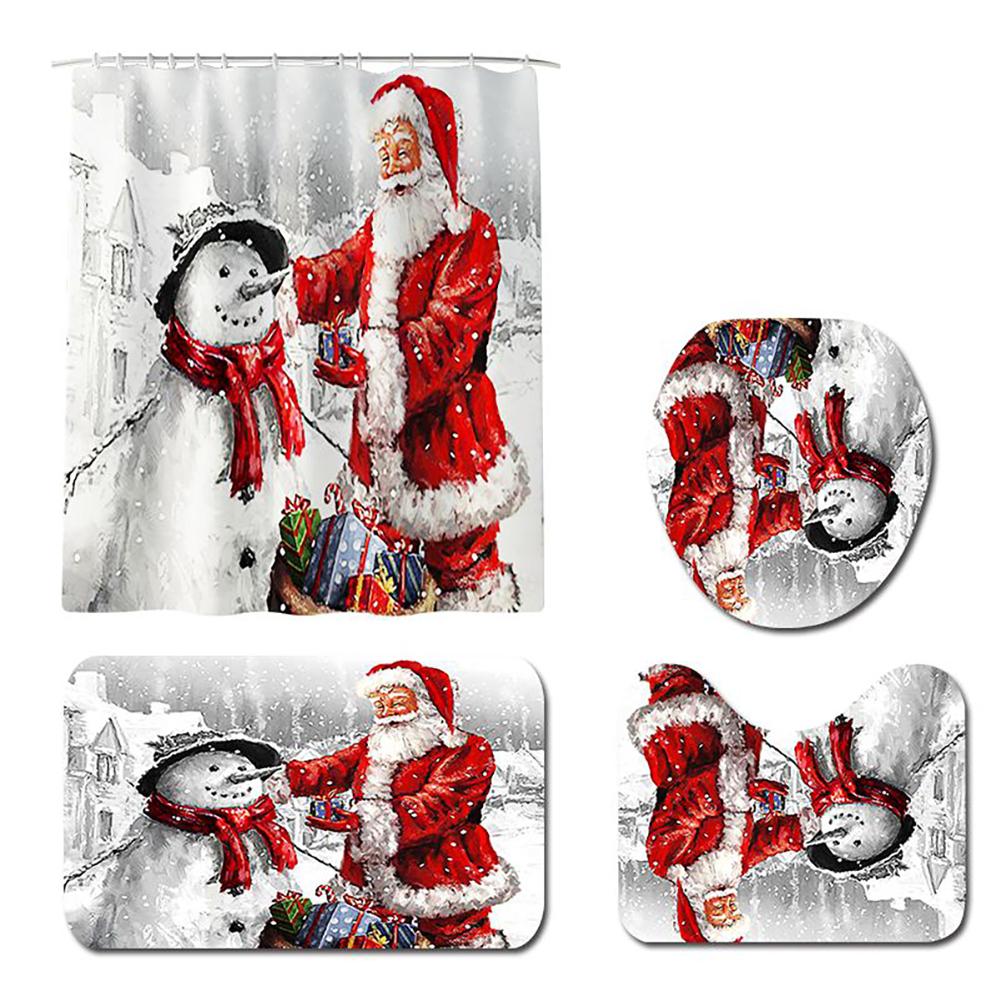 Merry Christmas Bathroom 4Pcs Set Snowman Santa Claus Pattern Waterproof Shower Curtain Toilet Cover Mat Non Slip Rug Home Decor