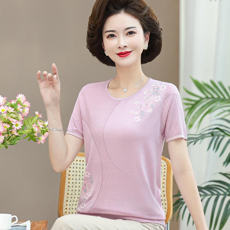 High-End Ice Silk T-Shirt for Middle-Aged Women (50-60) - Short-Sleeved Summer Top for Moms and Grandmas