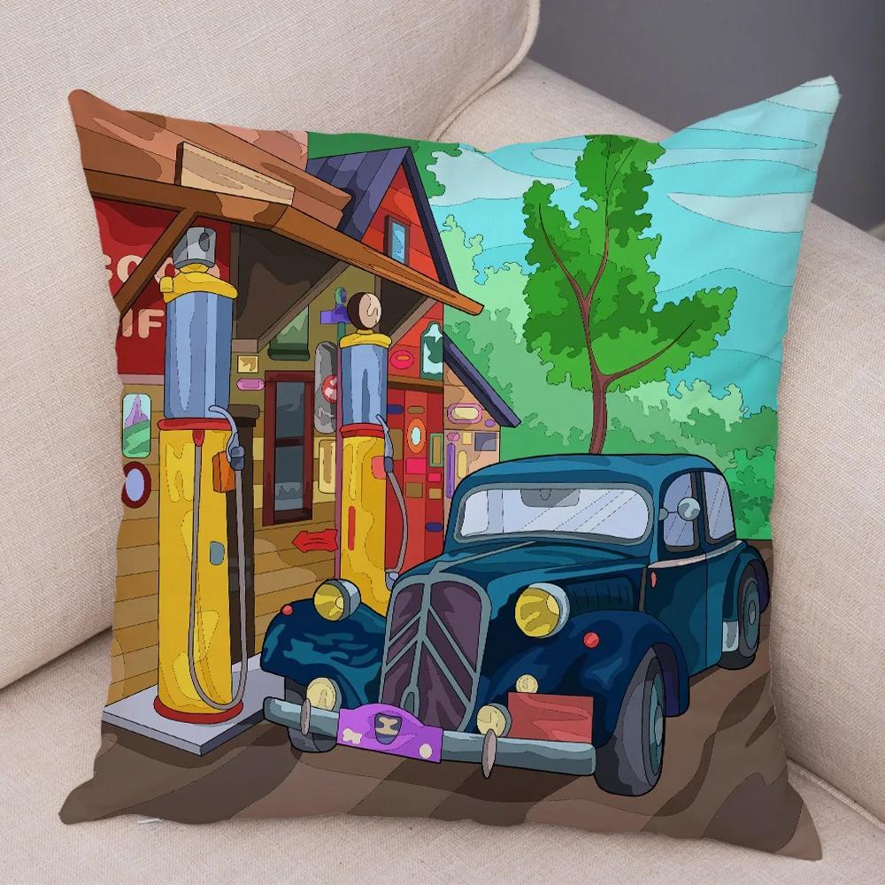 Both Sides Pillow Case Decor Happy Camper Cartoon House Travel Car Cushion Cover for Sofa Home Super Soft Plush Pillowcase