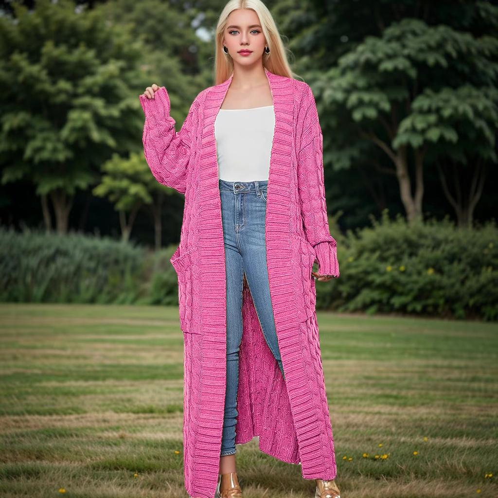 Open Knitted Cardigan Women Long Jacket Autumn Green Crochet Loose Long Sleeve Winter Sweater Warm Jumper Coat
