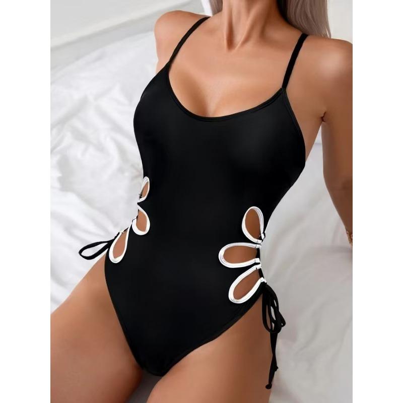 Women's Black One Piece Swimsuit with White Loop Cutout Side Tie Detail - Spaghetti Strap Beachwear
