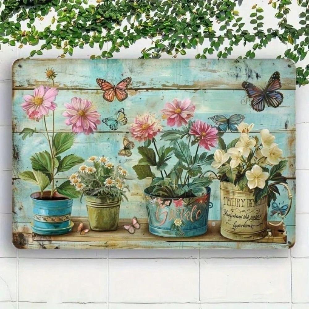 Vintage Metal Poster Butterfly Plant Wall Art