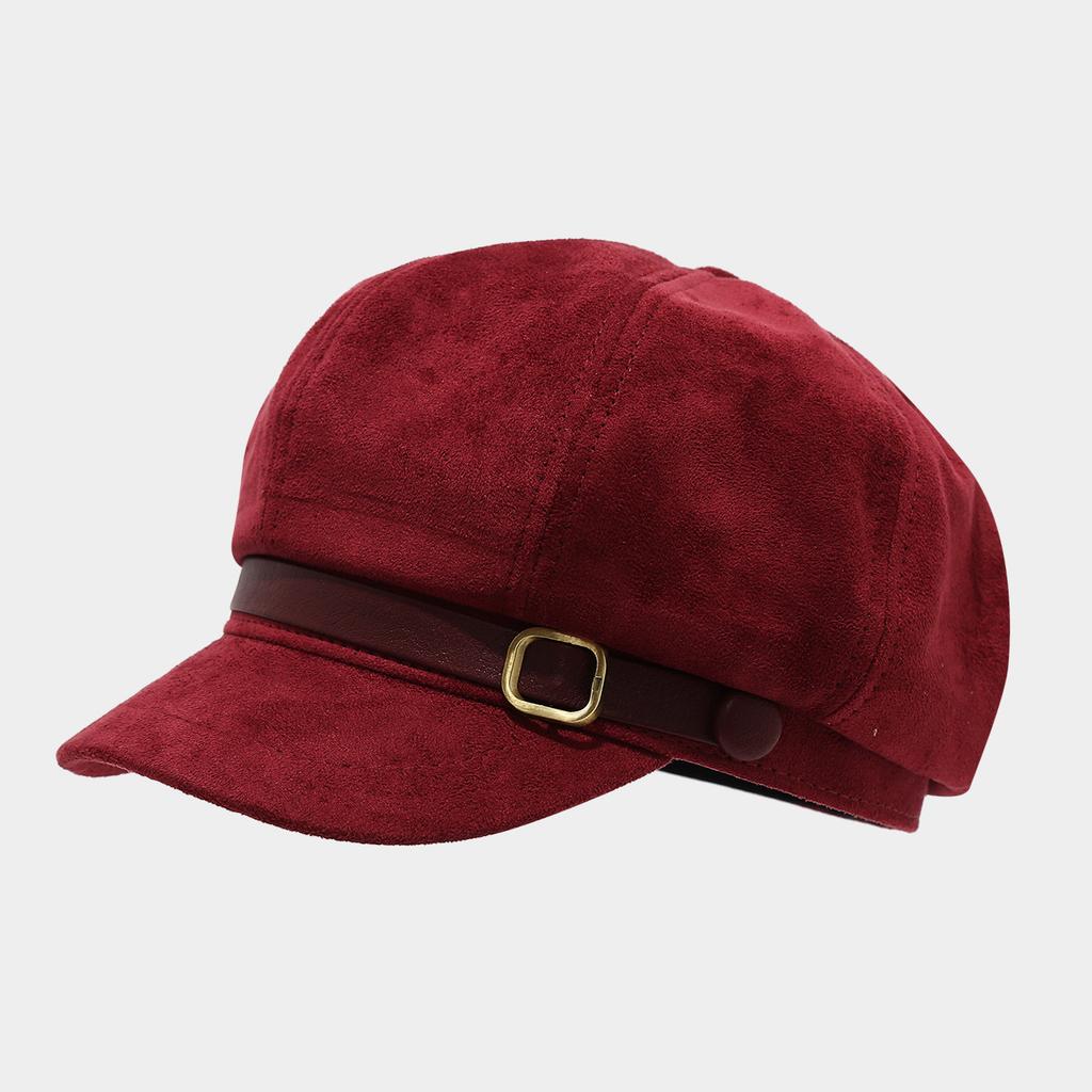 Retro simple suede metal buckle octagonal hat female autumn and winter temperament beret showing face small painter newsboy hat