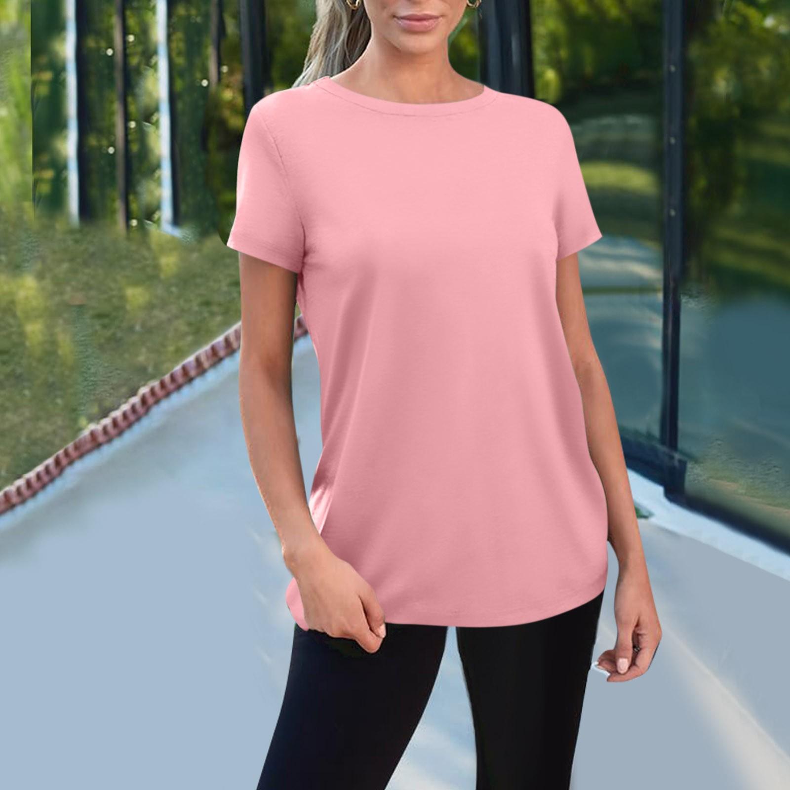 

Женские футболки, базовые футболки с короткими рукавами, модные топы с круглым вырезом, свободный крой, легкий повседневный летний топ XXL розовый