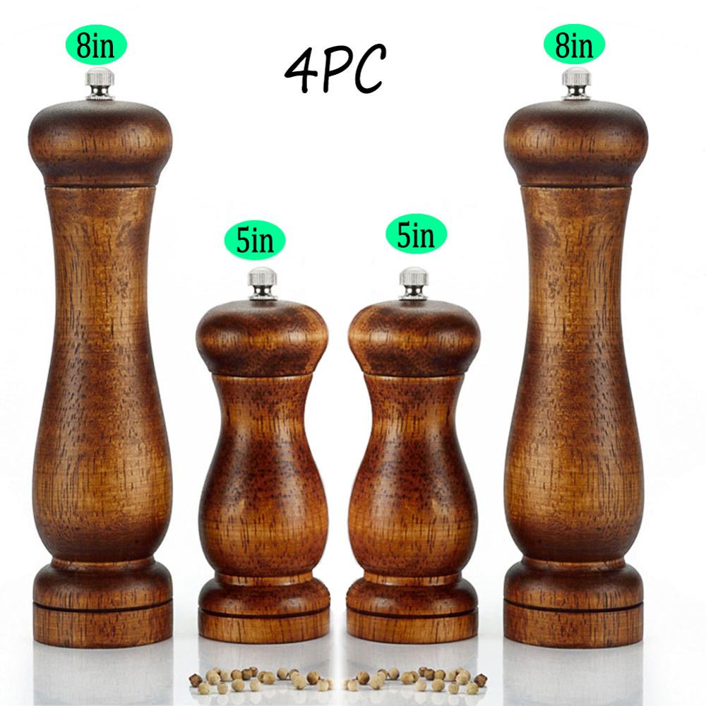 4PC Oak Pepper Grinder Coarse Salt Solid Wooden Oak Pepper Mill Handheld With Adjustable Ceramic Core Manual Kitchen Tools