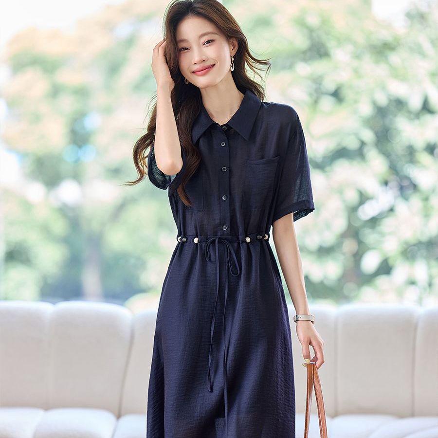 SAER 2026 Summer Waist-Cinched Short-Sleeve Shirt Dress - Lightweight & Slimming