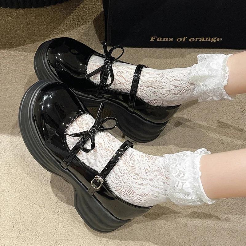 Fashion Black Chunky Platform Mary Jane Shoes for Women 2025 Spring Patent Leather Pumps Woman Thick Bottom Bowknot Lolita Shoes Ladies