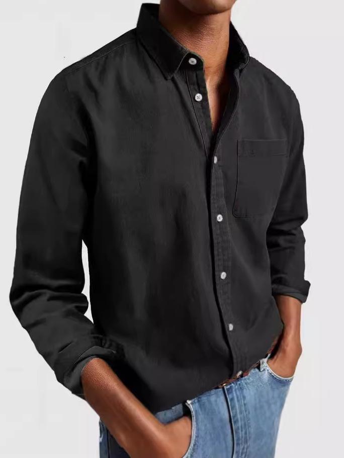 2024 European & American Men's Retro Solid Color Lapel Long Sleeve Shirt