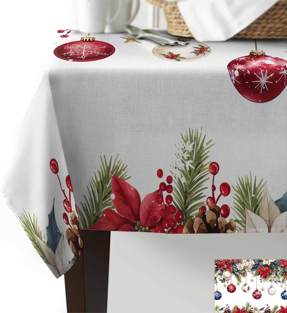 Weihnachts-Poinsettia-Beere Weihnachts-Kugel Wasserdichte Tischdecke für Tischdeko Winter Küche Esszimmer Tischdecke Weihnachtsdekoration