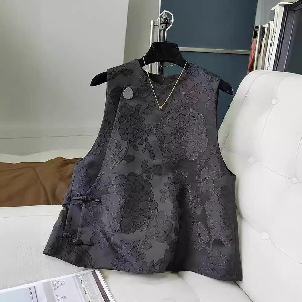2024 Frühling Retro Schwarz Jacquard Chinesische Weste mit Froschverschluss für Damen