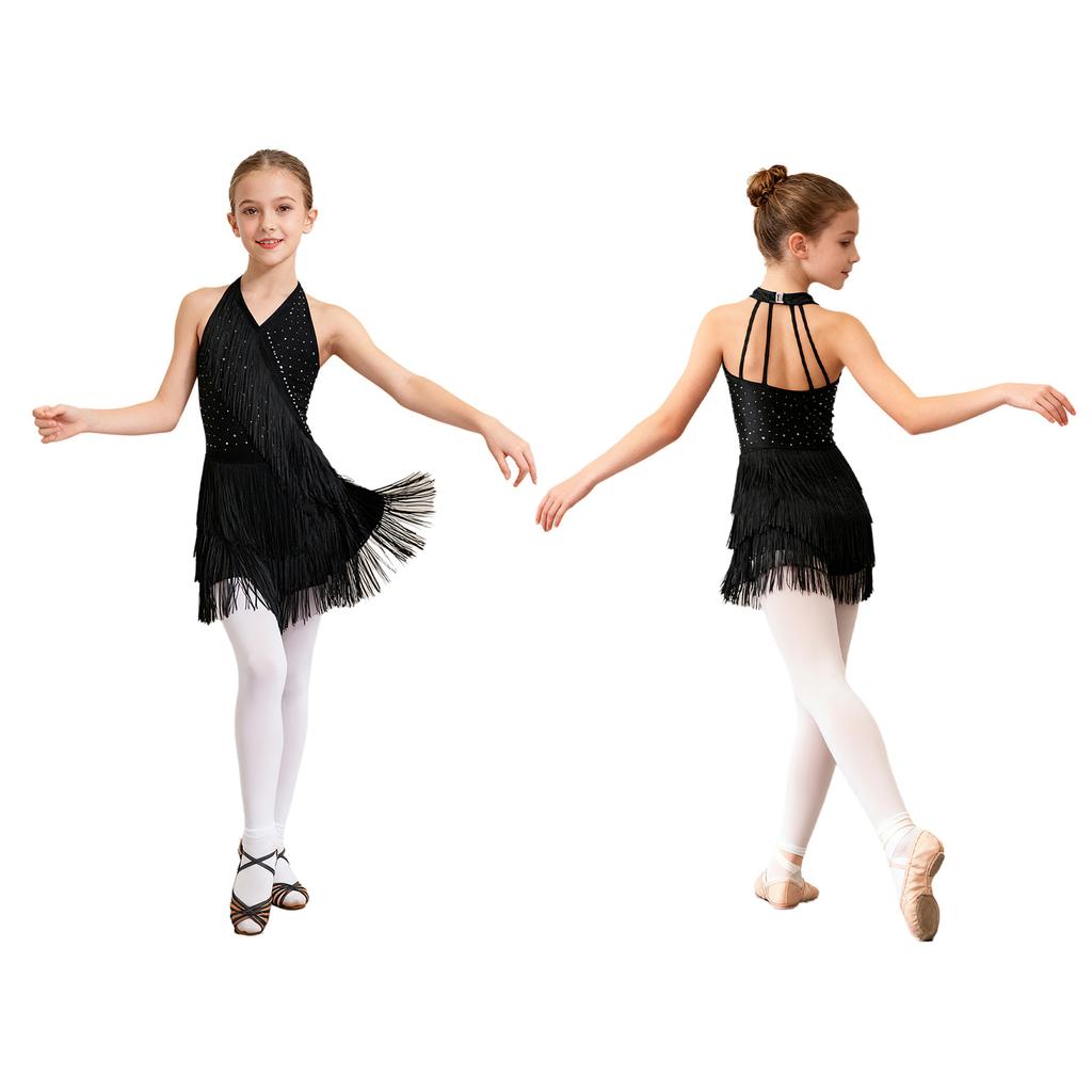 Kids Girls Latin Leotard Dress Dance Costume Rhinestones Fringe Bodysuit Skirted Dress Halter V-neck Sleeveless Tassel Jumpsuit