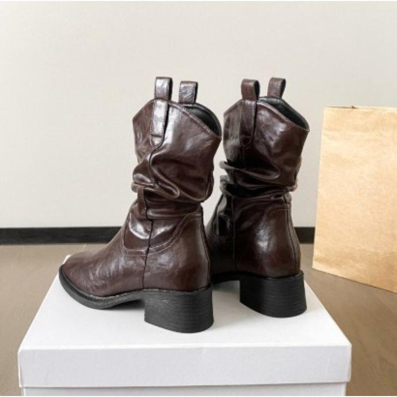 

Pleated Shoes, Thick-heeled Mid-calf Boots, New Autumn and Winter Boots for Women, Mid-calf Boots 40 коричневий