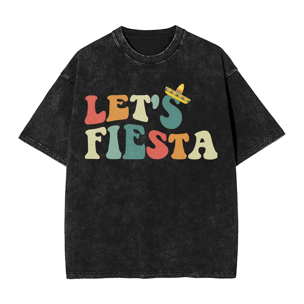 Men Women Tshirt Lets Party Fiesta Washed Tshirts Trendy Cool Summer Tees Y2k Retro Print Cotton Clothing New Arrival