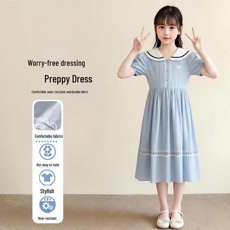 Frog Prince Girls Summer Korean School Style Sailor Collar Puff Sleeve Lace Long Dress 170