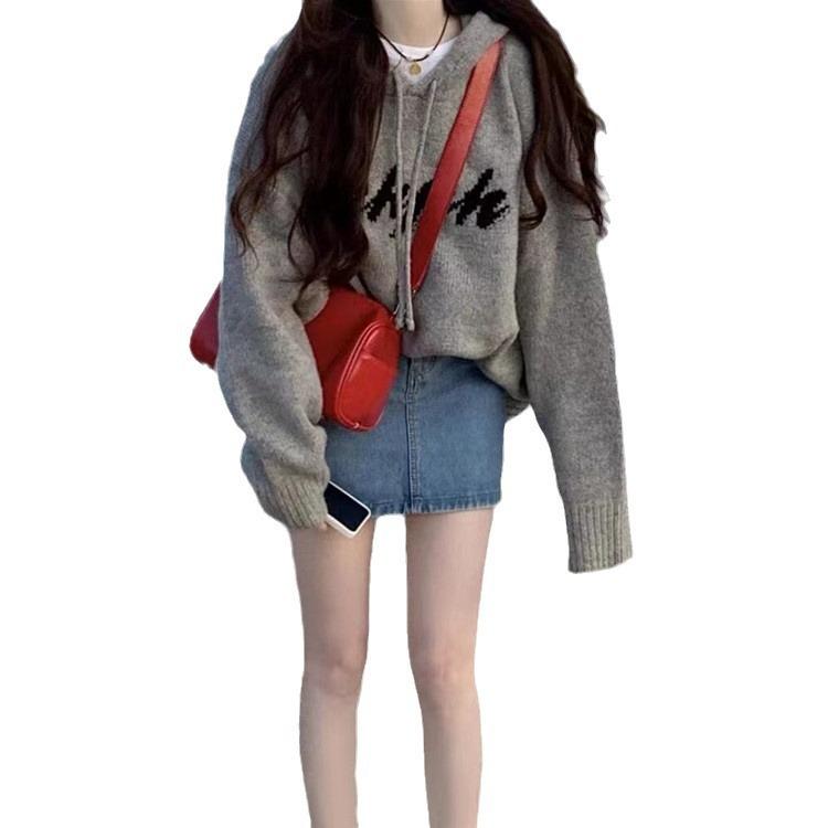 Women's Autumn/Winter 2024 Grey Knit Hoodie: Lazy Style, Loose Fit, Slimming Design