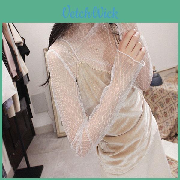Women Mesh Top With Nylon Fabric Long Sleeve Sheer Lace Shirt For Spring Summer Fashion