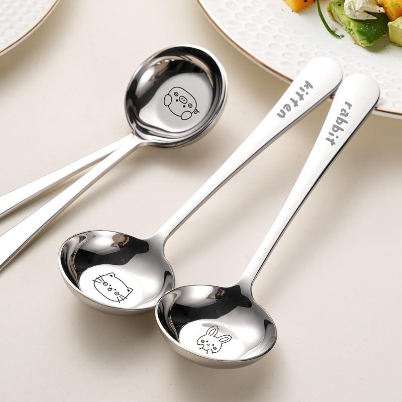 1PC Round Head Big Soup Spoon Cartoon Stainless Steel Food Grade Spoon Kids Household Flat Bottom Deep Spoon Tableware