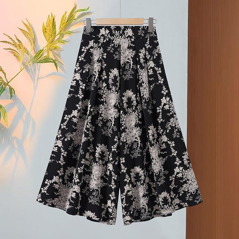 Women Floral Print Wide Leg Cropped Pants Elastic Waist Casual Summer Trousers