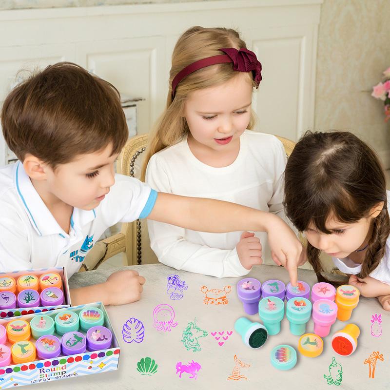 10Pcs Cartoon Unicorn Mermaid Self-ink Stamps Kids Birthday Party Favors Gift Toys Hawaiian Flamingo Party Decoration Supplies