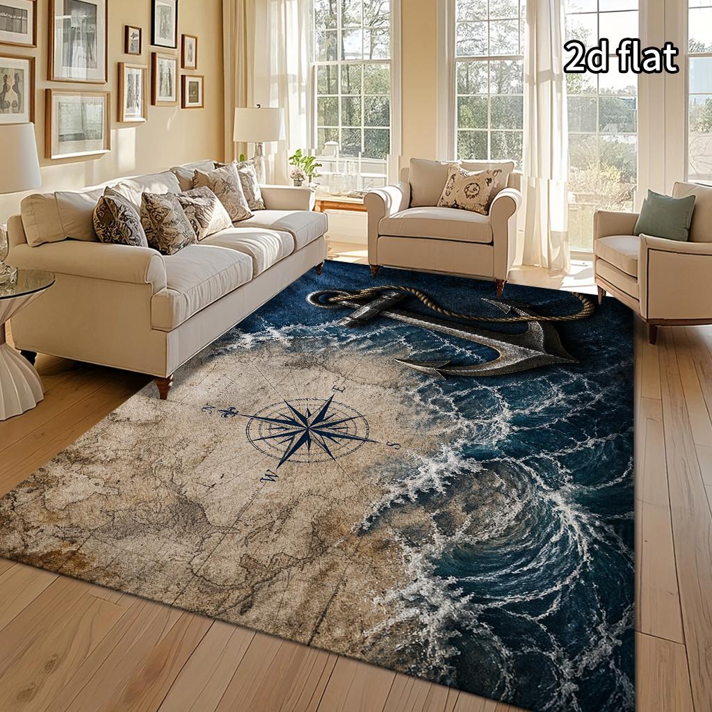 1pc Retro Nautical Anchor Pattern Area Rug, Blue‑Grey Maritime Style, Machine‑Washable & Soft, Classic Modern Design, Perfect