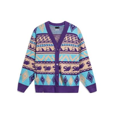 Li Ning Daily Prosperity Series All Over Print Embroidered V Neck Single Breasted Long Sleeve Knit Sweater Men Sweater Ultraviolet AMBU021-3