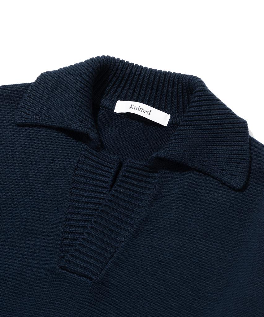 KNITTED Open Collar Ribbed Collar Knit Navy