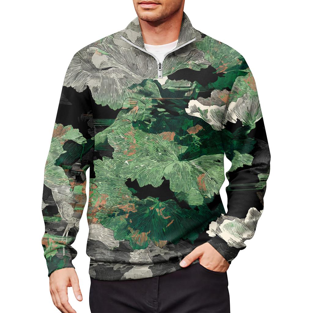 Men's Loose Casual 1/4 Zip Sweatshirt Fashion Printed Long Sleeve Top With Pockets