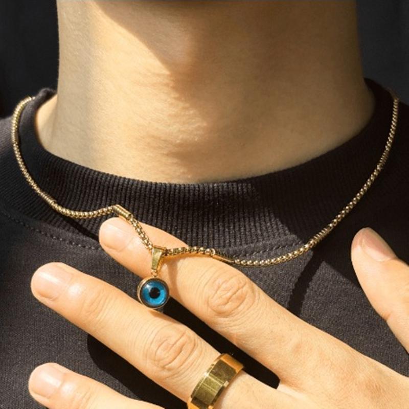 Stainless Steel Lucky Blue Evil Eye Pendant Necklace for Men Women Twisted Golden Chain Collarbone Chokers Jewelry Gift