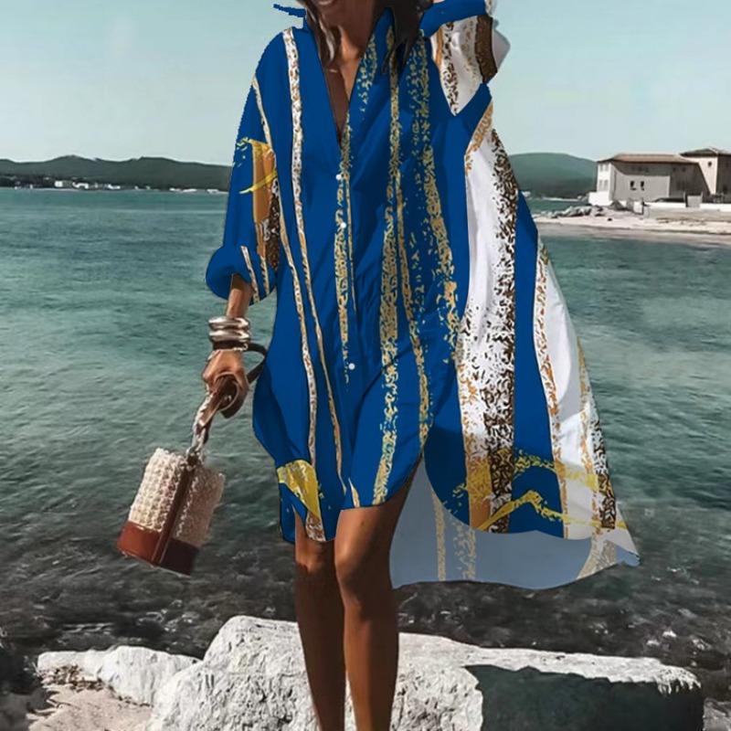 Letní Nové Ležérní Tištěné Šaty Plus Size Dámská Móda Volný Pás Dlouhý Rukáv Košilové Šaty Dámské Vintage Jednoduché Plážová Dovolená Dámské Šaty 26523